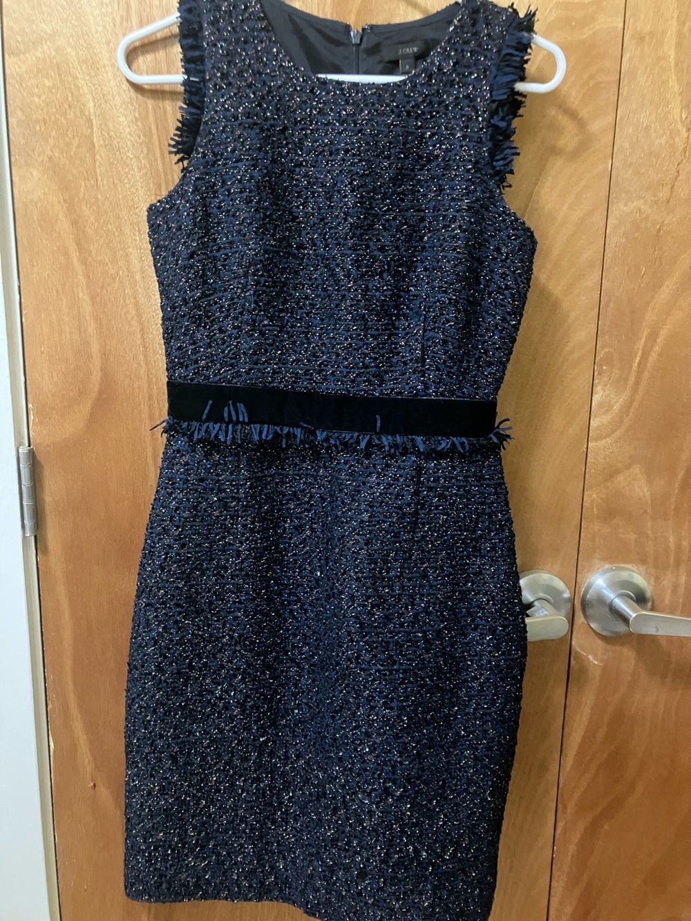 J. Crew Navy Tweed Midi Dress with Velvet Waistband